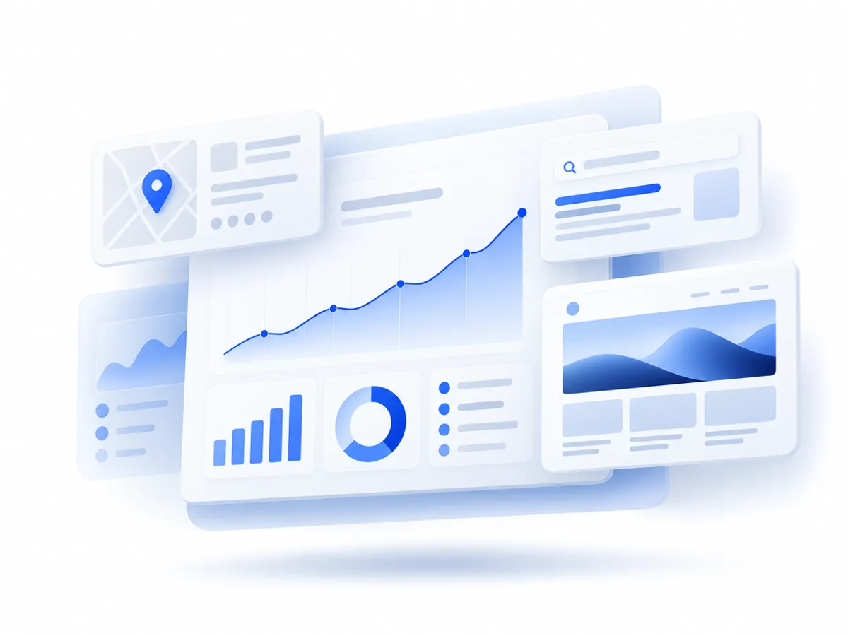 Illustration of a website dashboard with growth charts, a local map listing, a search ad and a website preview
